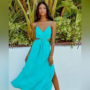Giverny Twist Front Cutout Maxi Dress with Tie Back (XS) -Turqouise